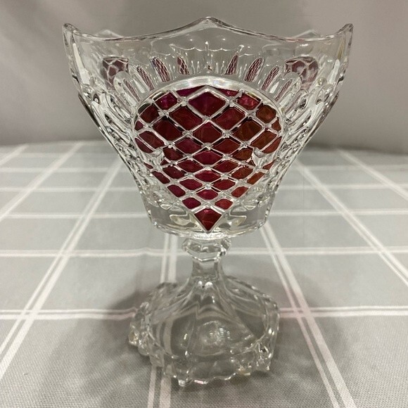 Vtg Ruby Red Glass Pedestal Bowl Diamond Point Teardrop 3 Sided Dish Unique - Picture 3 of 8